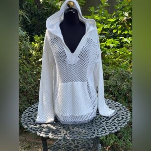 rag & bone White Open-Knit Hooded Pullover Sweatshirt